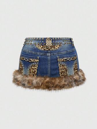 ROMWE Avant Gal Style Distressed Vintage Washed Leopard Print Pocket Rhinestone Studded Low Waist Leopard Fuzzy Low Waist Plus Size Denim Mini Skirt