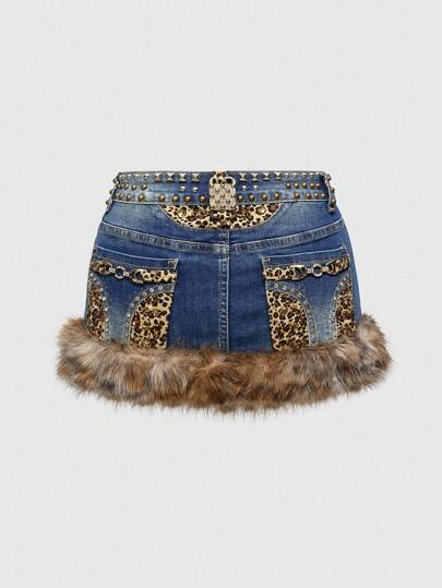 ROMWE Avant Gal Style Distressed Vintage Washed Leopard Print Pocket Rhinestone Studded Low Waist Leopard Fuzzy Low Waist Plus Size Denim Mini Skirt