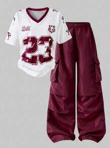 SHEIN 2pcs/Set Tween Girls' American Raglan Sleeve Patchwork Graphic T-Shirt And Cargo Pants, HYPEME Tween Girl