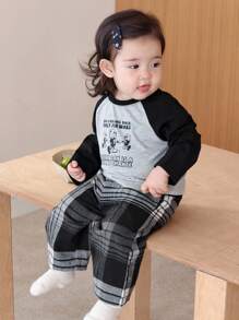 Hapijoa Bộ 2 áo thun tay ngắn in họa tiết hoạt hình màu tương phản và quần pijama kẻ sọc thường ngày cho bé gái, quần áo mùa thu cho trẻ mới biết đi - Đen và trắng - Xem 5