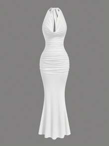 SHEIN Sweetro 大码女式浪漫纯色垂坠领喇叭下摆连衣裙 - 白色 - 查看 1