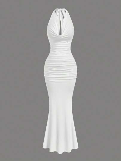 SHEIN Sweetro Plus Size Women's Romantic Solid Color Draped Neck Flared Hem Dress