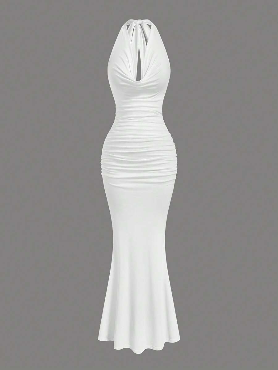 SHEIN Sweetro 大码女式浪漫纯色垂坠领喇叭下摆连衣裙 - 白色 - 查看 1