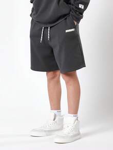 SUMWON Conjunto Esportivo Oversized Juvenil com Moletom com Capuz e Estampa de Slogan e Shorts Combinando, Conjunto Casual de Duas Peças para Primavera, Outono, Inverno - Chumbo - Visão 4