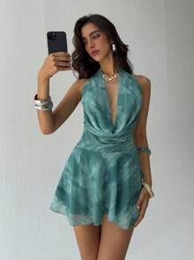 Aloruh Abito mini elegante da donna con collo drappeggiato e stampa tinta unita, abiti estivi da donna, outfit da luna di miele, outfit da vacanza in isola, look Saint John, abiti estivi da donna, abito da invitata a matrimonio, abiti da donna per il sole, abito da vacanza da donna, outfit da club sexy da donna - Verde - Visualizzare 6
