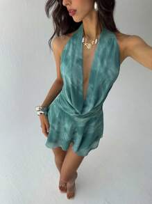 Aloruh Abito mini elegante da donna con collo drappeggiato e stampa tinta unita, abiti estivi da donna, outfit da luna di miele, outfit da vacanza in isola, look Saint John, abiti estivi da donna, abito da invitata a matrimonio, abiti da donna per il sole, abito da vacanza da donna, outfit da club sexy da donna - Verde - Visualizzare 7