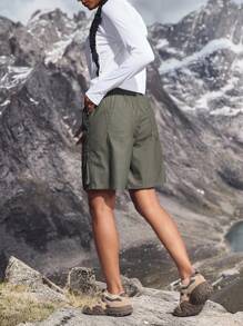 Pantalones cortos de mezclilla casuales y sueltos con cintura con cordón y bolsillo con cremallera para mujer - Verde militar - Ver 2