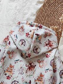 SHEIN Vintaside Kids 年轻女孩动物与植物印花保暖内衬连帽纽扣可爱卡通夹克，适合日常休闲穿着 - 彩色 - 查看 6