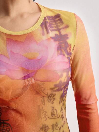 ROMWE Avant Nueva blusa transparente con estilo chino, con diseño de flor de loto y texto de caligrafía de peces dorados para mujeres