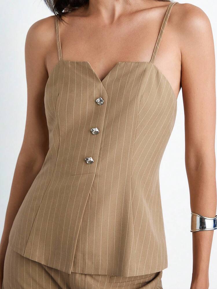 SHEIN Maija Khaki Striped Print Metallic Button Design Adjustable Spaghetti Strap Women Casual Top, Fashion Modern Elegant Business Casual Suitable For Vacation, Party, Wedding Guest, Brunch, Y2K Retro Style, Back To School Autumn