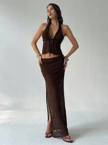 Aloruh Bộ 2 món áo hai dây cổ yếm buộc dây hở lưng màu cà phê lãng mạn dành cho nữ - màu nâu - Xem 8