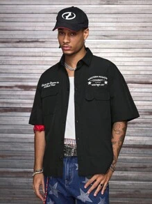 AXEPEAK 男士休闲多口袋印花短袖衬衫，夏季