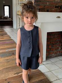 Dazy Kids 2件套女童圆领可爱无袖上衣和宽松短裤休闲套装，夏季