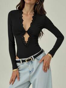 Airlisse 万圣节优雅性感扭纹蕾丝花边紧身衣，适合通勤，秋季黑色蕾丝紧身衣女紧身衣女式长袖紧身衣