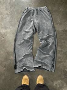男士年轻街头风格，简约棉质运动裤，宽松阔腿裤，松紧腰针织慢跑裤，洗水棉质面料，做旧雪花效果，外露接缝设计，休闲街头风格，适合日常穿着，休闲，时尚，街头休闲，节日礼物 - 深灰色 - 查看 2