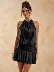 SHEIN BAE Rückenfrei Neckholder Binde-Satin A-Linie Mini Kleid, körperbetont Slip Kleid, sexy Sommerkleid - Schwarz - Übersicht 4