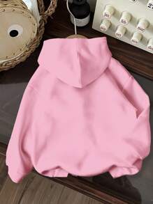 SHEIN 年轻女孩可爱卡通蓝色兔子露露，针脚图案，新鲜奶油粉色，休闲宽松圆领舒适日常针织长袖运动衫，适合秋冬季，轻松舒适，秋季分层，时尚，休闲装，图案，返校，秋季，返校节，适合户外野餐，街头摄影，家居，校园，Chill Chill 可爱连帽衫，适合可爱女孩的粉色连帽衫，适合兔子连帽衫 - 彩色 - 查看 3