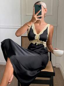 DAZY Sexy Kontrast-Farben Spitze Patchwork rückenfreies Taille-Raffung Damen Nachthemd Pyjama - Schwarz - Übersicht 1