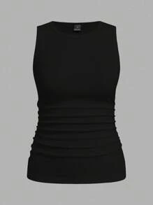 SHEIN LUNE 2pcs Solid Color Khaki & Black Round Neck Fitted Ribbed Waist Ruched Camisole, Suitable For Autumn Layering,Casual - Multicolor - View 3
