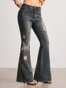 ROMWE Goth Vintage Y2K Schmetterling & Rose Jacquard bestickte Damen Skinny Flared Jeans mit niedriger Taille