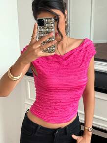 Roylia Summer Casual Solid Color Textured Slim Fit Cropped T-Shirt Powdered Rose - Hot Pink - View 6