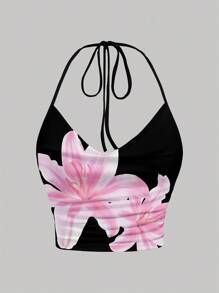 Muchica Blusa versátil ajustada con cuello de halter y corbata con estampado floral casual, adecuada para el verano - Multicolor - Ver 1