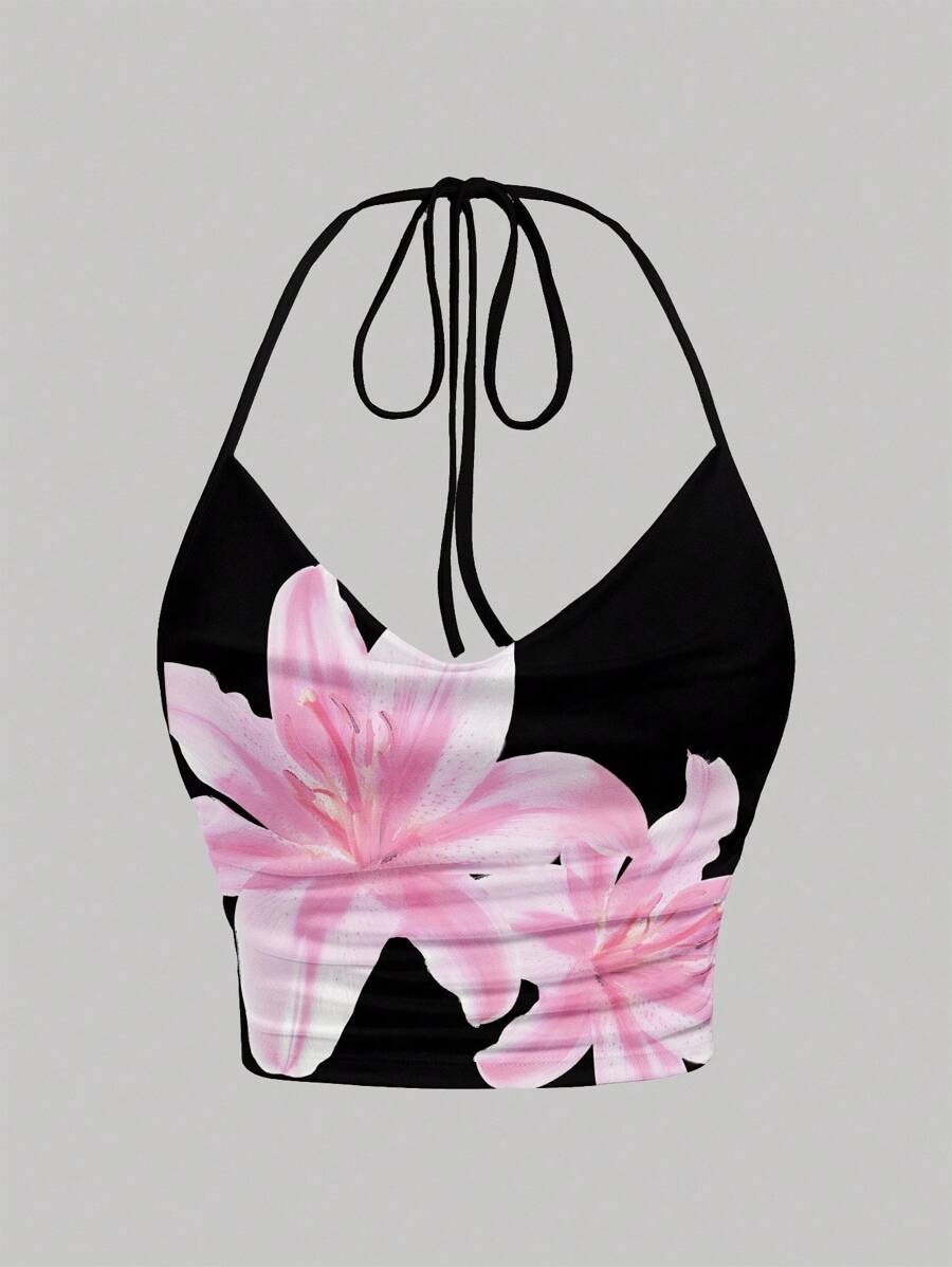 Muchica Blusa versátil ajustada con cuello de halter y corbata con estampado floral casual, adecuada para el verano - Multicolor - Ver 1