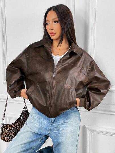 SHEIN EZwear Women's New Vintage Style Leather Long Sleeve Zip Front Loose Casual Jacket Brown Cropped Jacket Women Leather Jacket In Fall/Winter