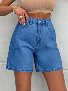 EURMUSE 100%Cotton LIGHT WASH HIGH WAIST SHORT - Dusty Blue - View 5