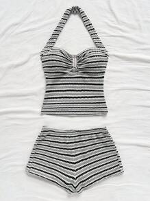 Soleia Women's Striped Ruffle Halter Top And Shorts 2 Pieces Set Striped Two Piece Set Halter Two Piece Women Striped Set - Multicolor - View 5