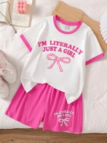 Tween Girls Cute White Summer Shorts Set,Family Matching Letter Print Tee & Solid Shorts,Back To School Kids Outfits - Multicolor - View 6