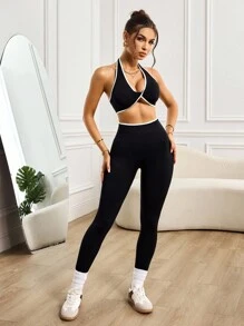 Slayoga 3 Teile Damen Farbblock Sport Set mit offenem Rücken für Yoga