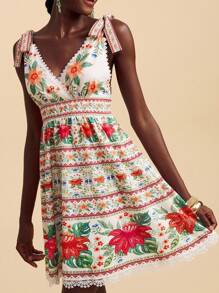 Travachic Vacation Woven Floral Print V-Neck Bodycon Mini Dress For Women,Summer Outfits For Women,Beachwear,Spring And Summer,Easter,Holiday Outfits,Beach Outfits For Woman,Spring Break,Vacation Outfits Women,Concert Outfit Women,BOHO,Bohemia,Music Festival,Tropical Vacation Woman Clothes,Romantic,Going Out Tops,Date Night Outfits Women,All Women Clothes,Fall Clothes ,Autumn - Multicolor - View 4