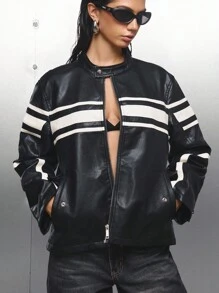 LYSMO 女式条纹 PU 皮革长袖拉链前口袋休闲夹克 - 黑色 - 查看 9