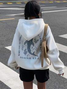 SHEIN EZwear Casual Whale & Ocean Animal Pattern Hooded Loose Fit Long Sleeve Sweatshirt For Women, Suitable For Fall/Winter - White - View 3