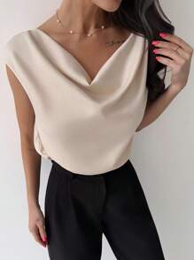 Firerie Minimalist Elegant Glitch Pattern Sleeveless Satin Asymmetric Ruffle Collar Bodysuit, Suitable For Dates, Commuting, Workwear, Graceful Chic - Apricot - View 6