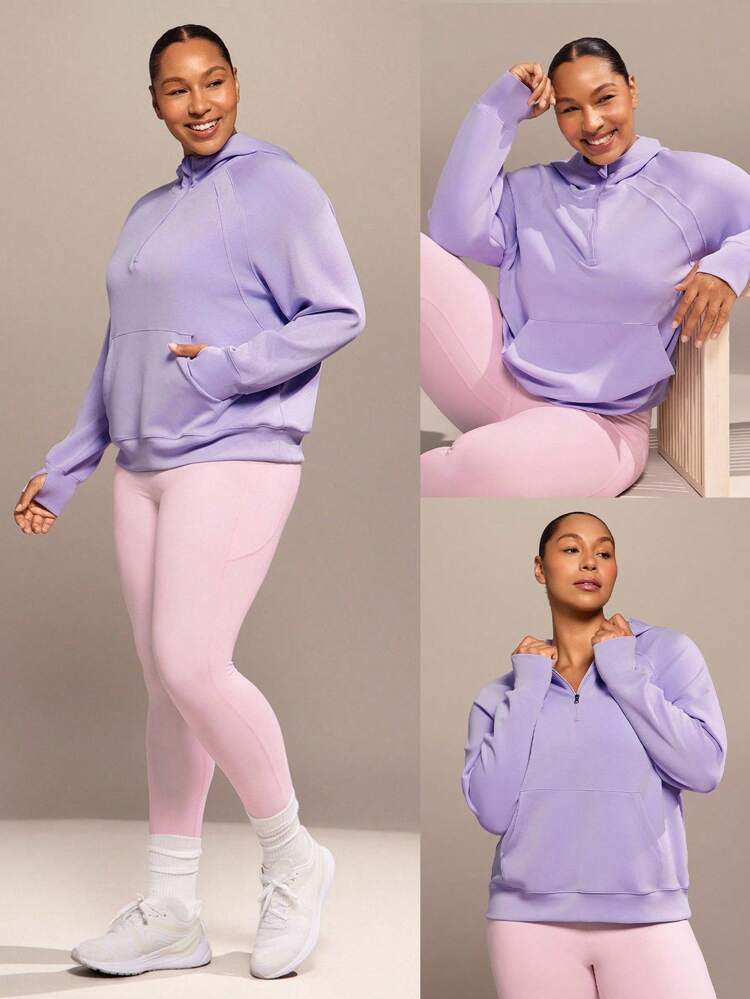 Sudadera con capucha de manga larga con media cremallera, bolsillo y ojales para el pulgar, de modal suave y sedoso, de talla grande, para uso diario y casual