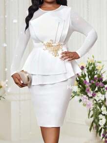 SHEIN Lady 2025新款服装春夏秋冬四季连衣裙款式针织圆领白色立体设计收腰荷叶边下摆包臀中长款大码连衣裙派对服装秋季女装结婚嘉宾礼服女