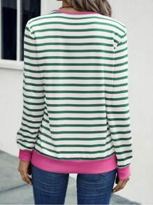 SHEIN LUNE New Fashion Women Colorblock Striped Print V-Neck Casual Pullover Sweatshirt Fall - Multicolor - View 2
