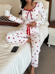 SHEIN Red And White Long Sleeve Playful Strawberry Top & Pants Two Piece Pajama Set, Fall Winter Clothes Cozy And Elegant Details - Red - View 3