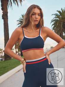 Aralina Bộ đồ thể thao 2 món áo hai dây họa tiết sọc và quần dài in họa tiết khối màu dành cho nữ - Màu xanh hải quân - Xem 1