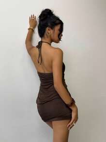 Aloruh 女式纯色褶饰串珠吊带迷你连衣裙，时尚夏季 - 咖啡 - 查看 2