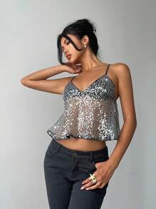 Aloruh 大码女士亮片上衣，吊带可爱上衣，派对礼服，Y2K 时尚优雅音乐节派对亮片上衣，可爱派对礼服 - 灰色 - 查看 7