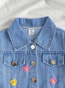 Vintaside Kids Baby Girl Autumn Fashionable & Versatile Floral Embroidery Washed Denim Jacket, Suitable For Daily Leisure Time And Mild Autumn Weather - Baby Blue - View 7