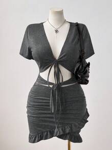 Sunspun Váy ôm body nhún bèo cổ chữ V buộc eo gợi cảm - Xám - Xem 3