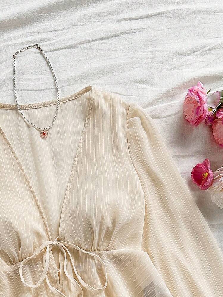 SHEIN WYWH V-Ausschnitt mit Krawatte Taille einfache unifarbene Peplum Lässig Damen Bluse - Aprikosenfarben - Übersicht 3