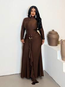 Maweii Große Größen Damen Neuer Herbst Schlangen Metall Dekor Volant Saum Figurbetontes Langarm Kleid