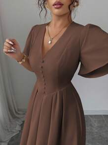 Elenzga Women's Casual Elegant V-Neck Ruffle Sleeve Decorative Button Hem Elastic Waist Short Dress, Suitable For Spring/Summer, Commute, Vacation, Afternoon Tea, Party - Brown - View 5