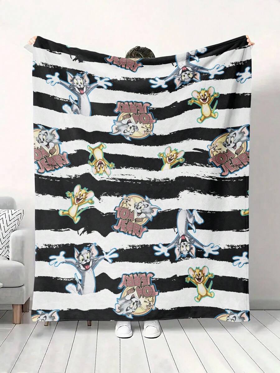TOM & JERRY X SHEIN 条纹和卡通图案超柔软法兰绒羊毛毯，适合家庭、办公室和旅行，毛绒抗起球且易于护理，100% 涤纶 - 黑與白 - 查看 1
