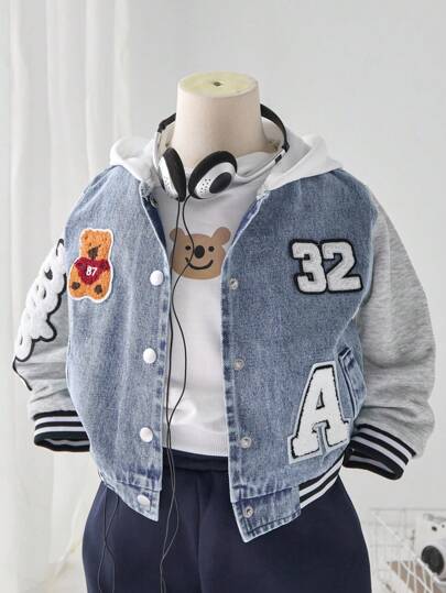 Chaqueta vaquera con capucha informal para niños pequeños, diseño de patchwork con parche bordado de oso, estilo de moda streetwear, adecuado para primavera y otoño